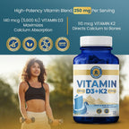 Complejo de Vitamina D3 y K2 de Vykee Nutrition - Alta Potencia: 140 mcg de D3 y 110 mcg de K2 (MK-7) - Suplemento Vegano para el Apoyo Óseo y Cardíaco, Sin OGM, Sin Gluten - 120 Cápsulas