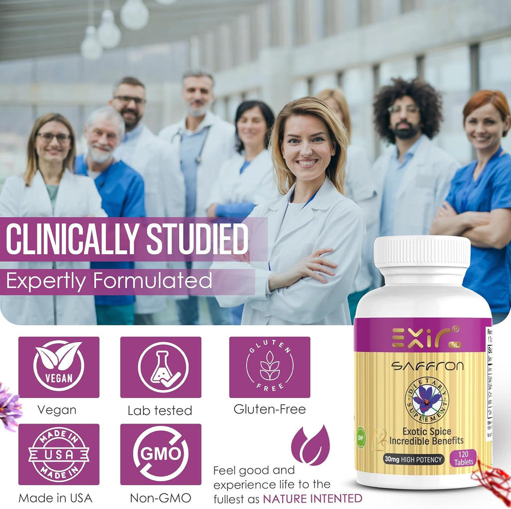 EXIR Suplemento de Azafrán 30mg – 120 Comprimidos – Para la Salud Visual, el Ánimo y el Corazón