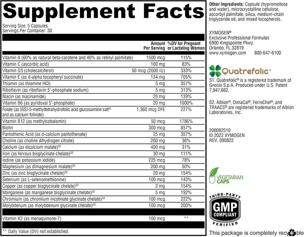 XYMOGEN Prenatal Essentials - Multivitamínico Prenatal con 5-MTHF y Nutrientes Esenciales - Suave para el Estómago - Vegetariano - 150 Cápsulas