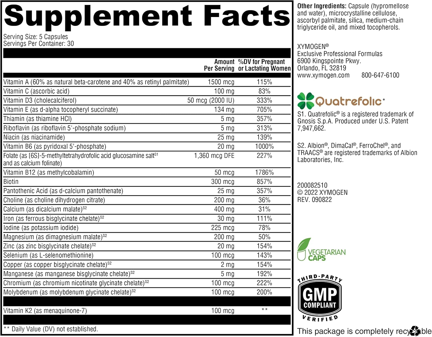 XYMOGEN Prenatal Essentials - Multivitamínico Prenatal con 5-MTHF y Nutrientes Esenciales - Suave para el Estómago - Vegetariano - 150 Cápsulas