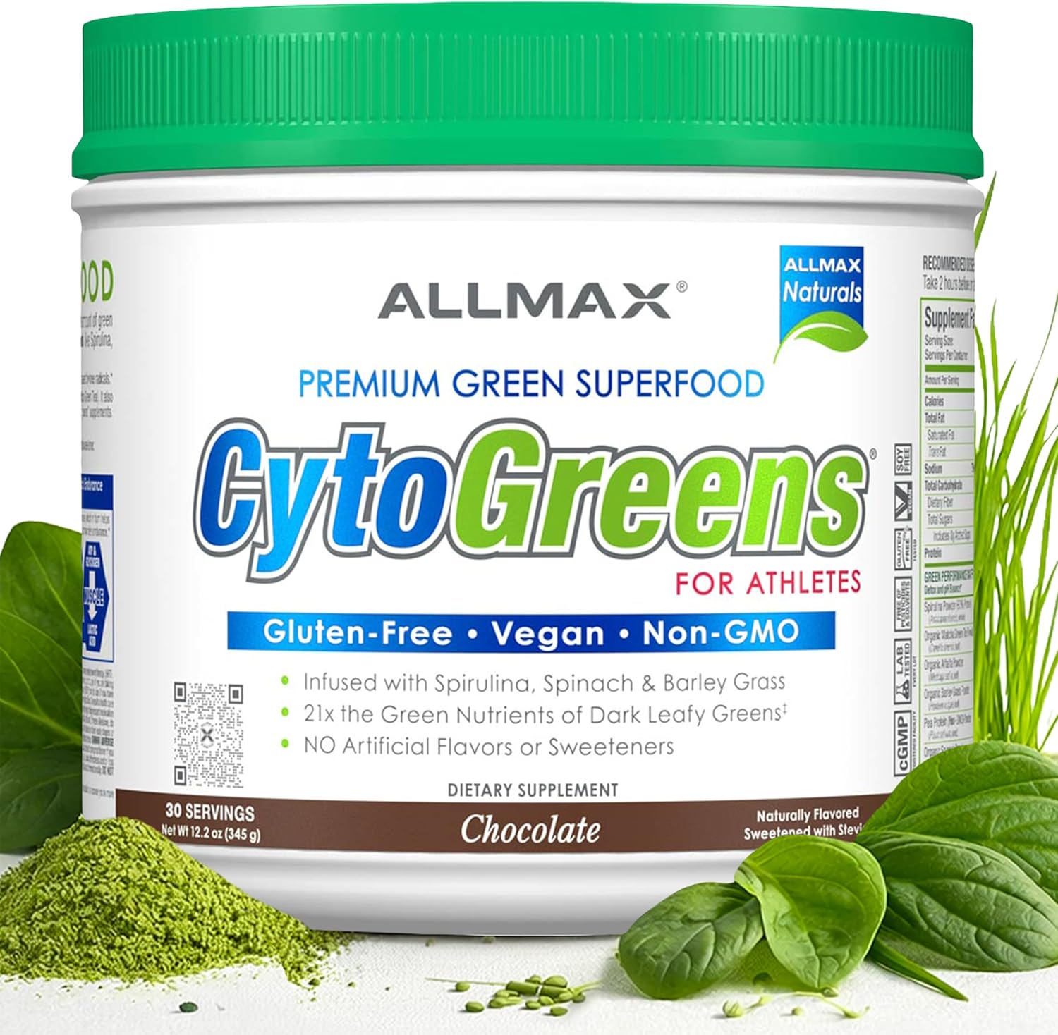 ALLMAX CytoGreens Super Greens en Polvo, Acai Berry Green Tea, 30 porciones