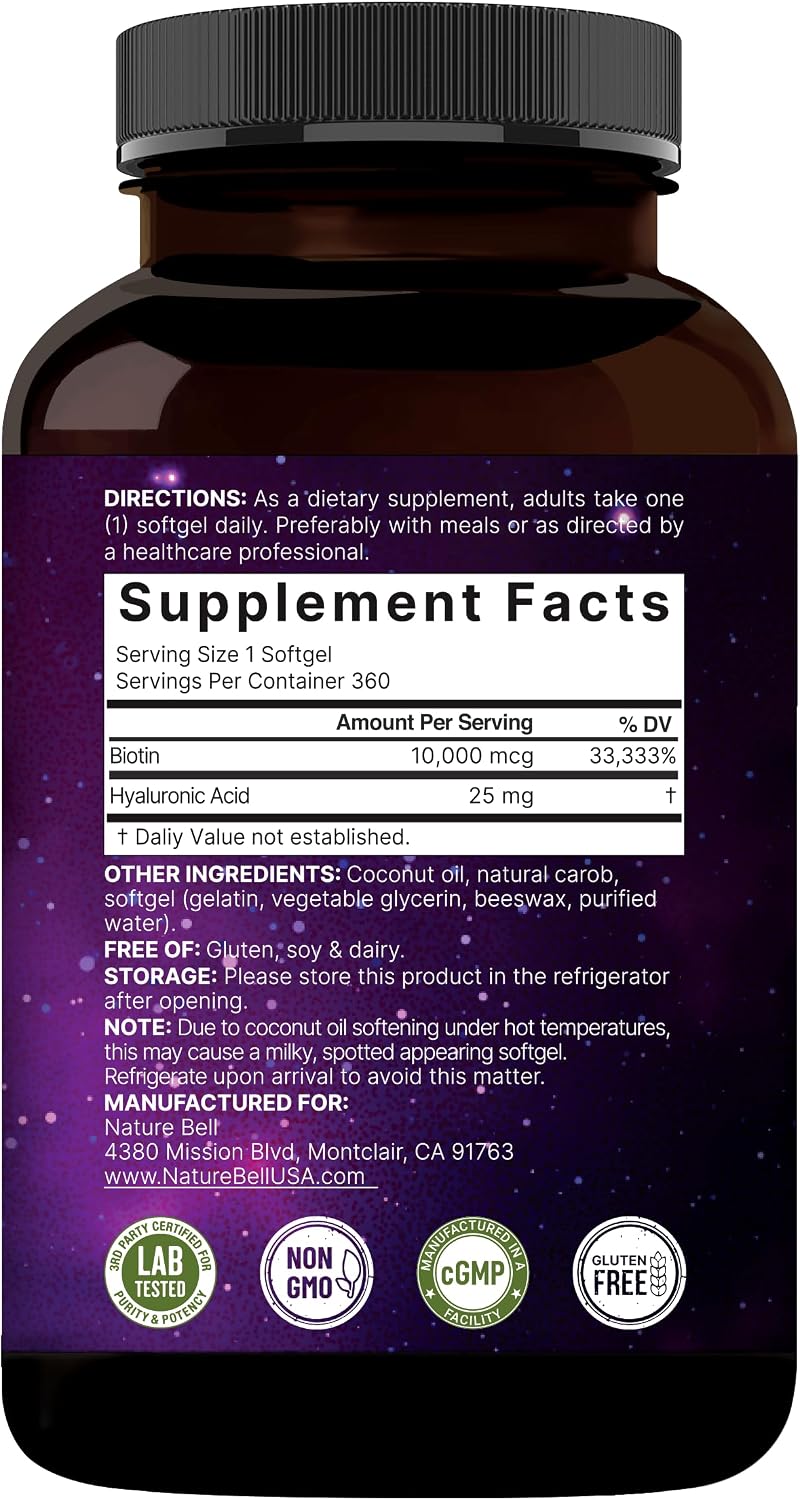NatureBell Biotina 10000mcg + Ácido Hialurónico 25mg | 360 Cápsulas Blandas de Aceite de Coco