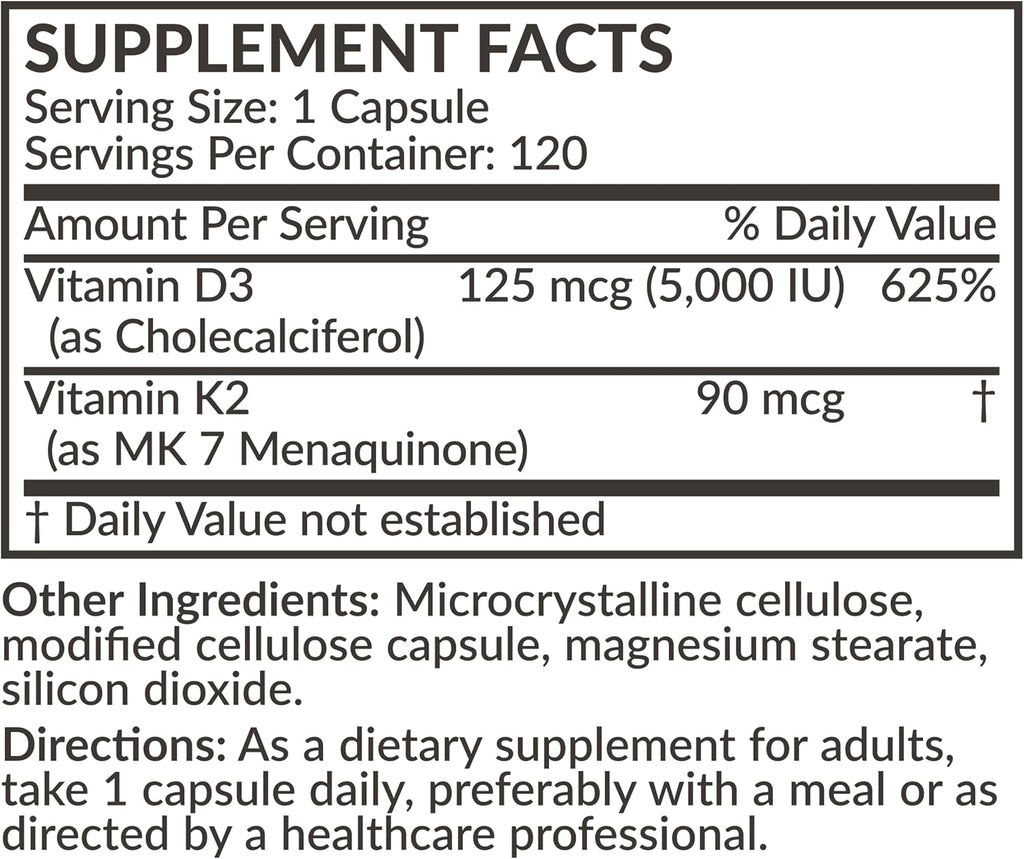 Futurebiotics Vitamina K2 (MK7) con D3 - 5000 UI D3 y 90 mcg K2 - 120 Cápsulas Vegetarianas
