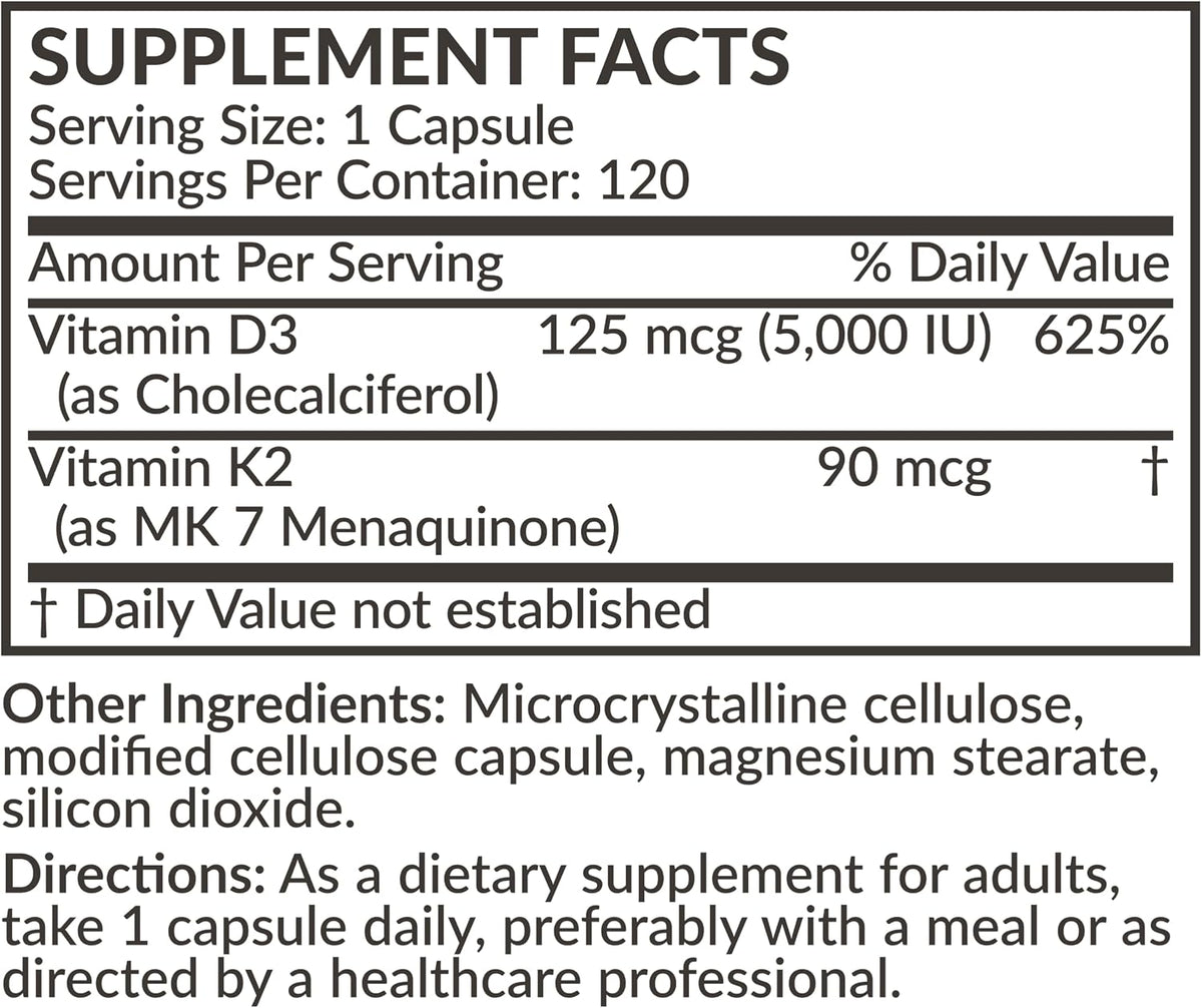 Futurebiotics Vitamina K2 (MK7) con D3 - 5000 UI D3 y 90 mcg K2 - 120 Cápsulas Vegetarianas – Image 8