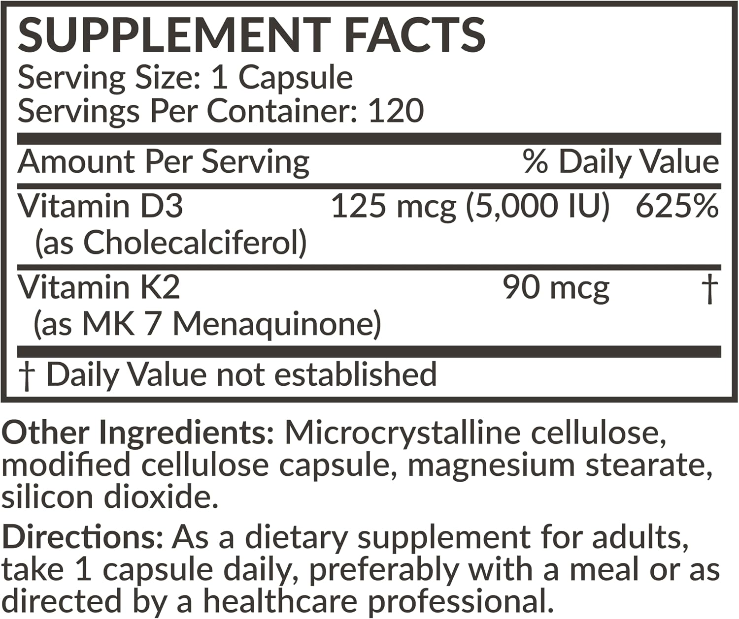 Futurebiotics Vitamina K2 (MK7) con D3 - 5000 UI D3 y 90 mcg K2 - 120 Cápsulas Vegetarianas