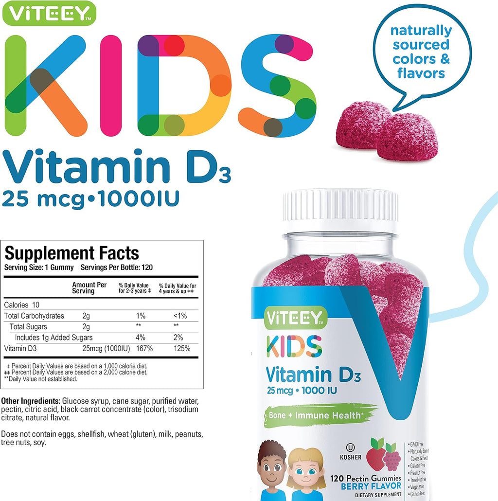 Viteey Vitamin D3 Gominolas para Niños 25mcg (1000 UI) - Sabor a Bayas - 120 Gominolas