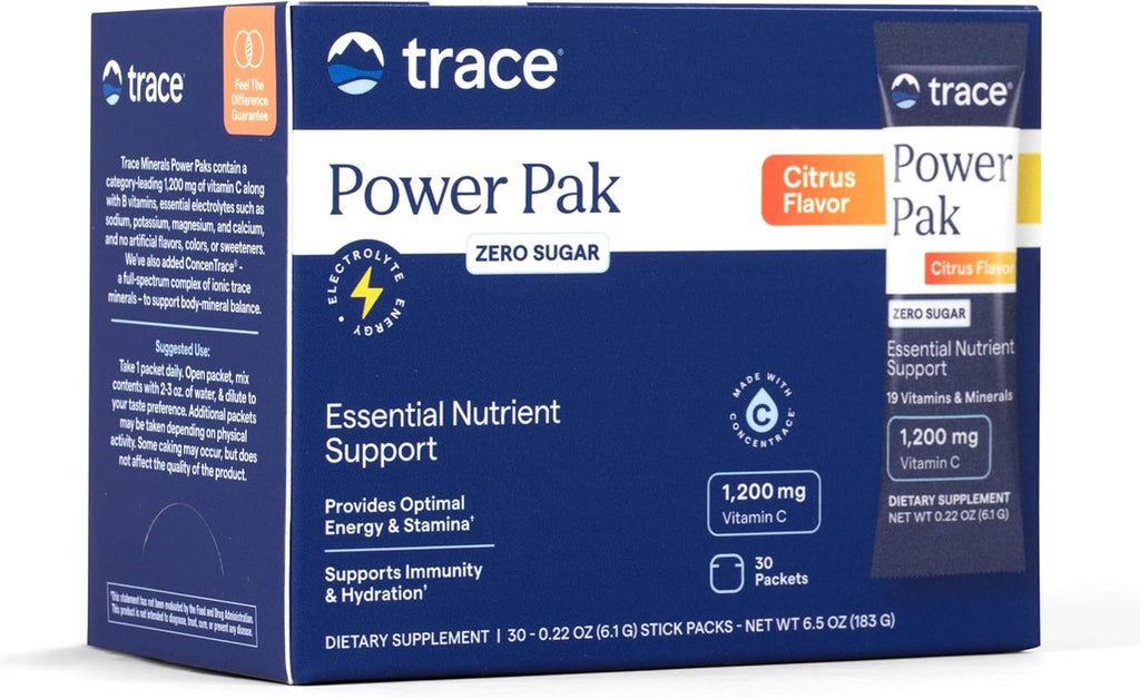 Trace Minerals Power Pak Multivitamínico y Multimineral - Sobres de 1200 mg Vitamina C con 70+ Minerales Traza - Sin Azúcar - Sabor Cítrico - 30 Sobres