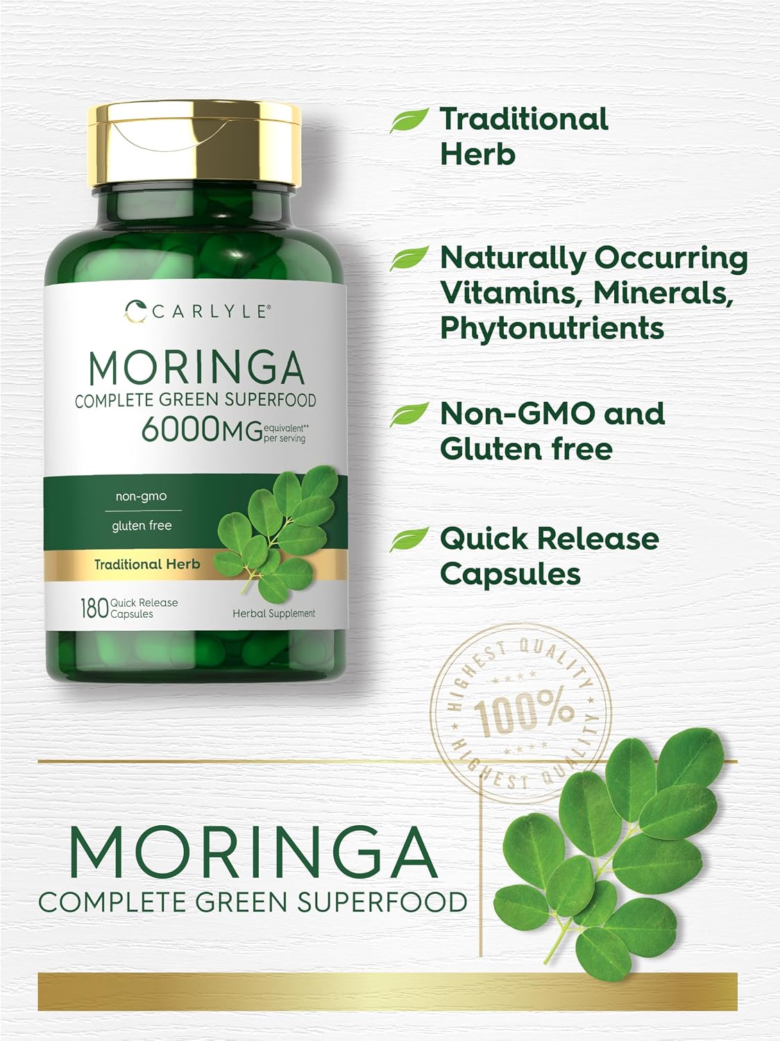Carlyle Moringa Oleifera - 180 Cápsulas - Superalimento Verde