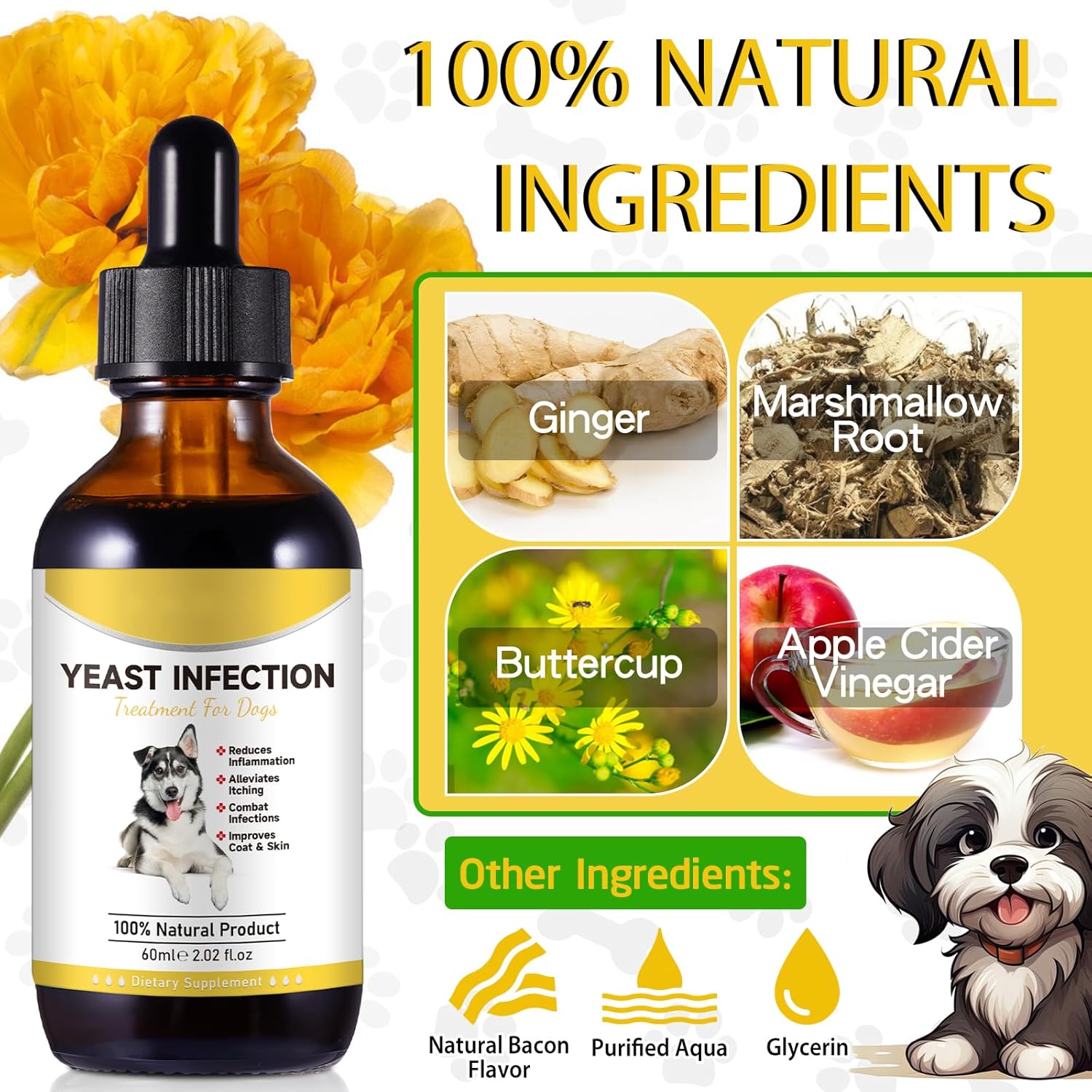 Netwik Tratamiento Natural contra la Levadura para Perros - Alivio de Picazón y Alergias - Suplemento Herbal Líquido 60 ml