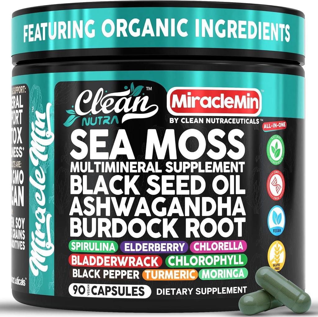 Clean Nutra Cápsulas Orgánicas de Musgo Marino con Ashwagandha, Aceite de Semilla Negra, Raíz de Bardana, Musgo de Vejiga, Moringa, Chlorella, Espirulina, Cúrcuma, Saúco, Amla – 90 Cápsulas Veganas – MiracleMin