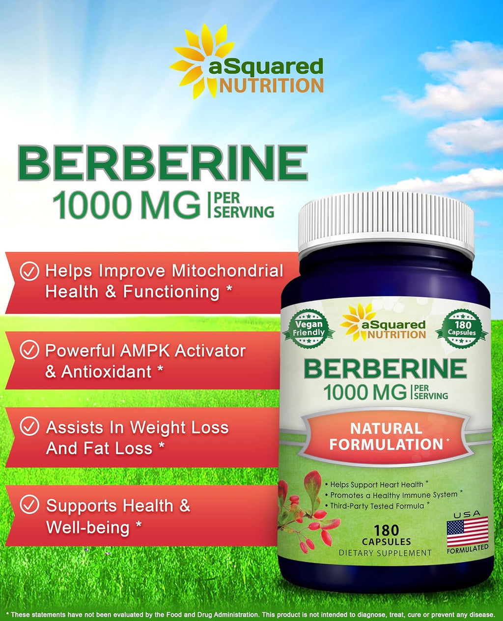 aSquared Nutrition Pure Berberine 1000mg - 180 Vegan Capsules