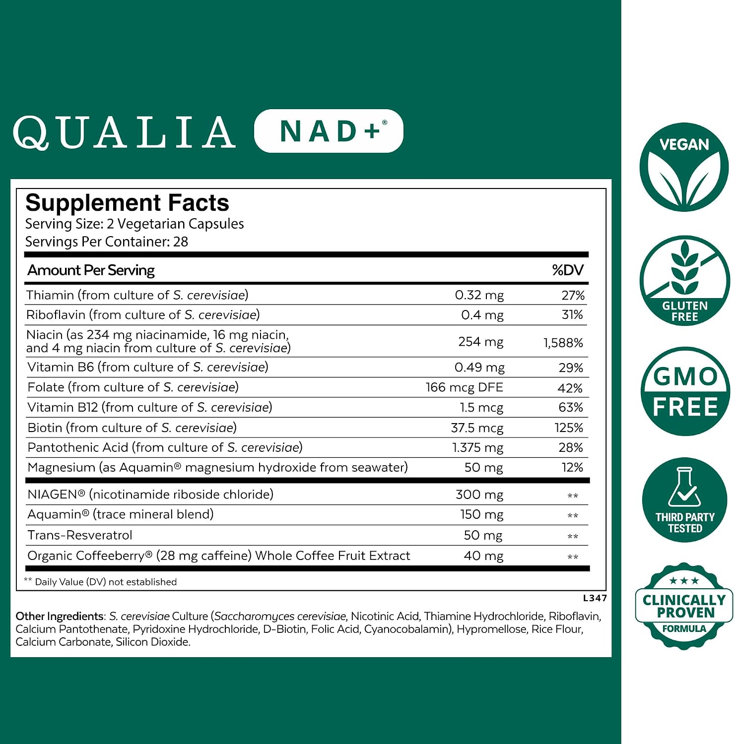 Qualia NAD+ Suplemento – Precursores de NAD+ (Niacina, NR, Niacinamida) – 2 Meses