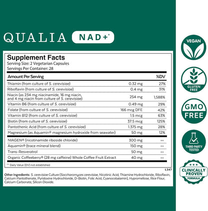 Qualia NAD+ Suplemento – Precursores de NAD+ (Niacina, NR, Niacinamida) – 2 Meses – Image 2