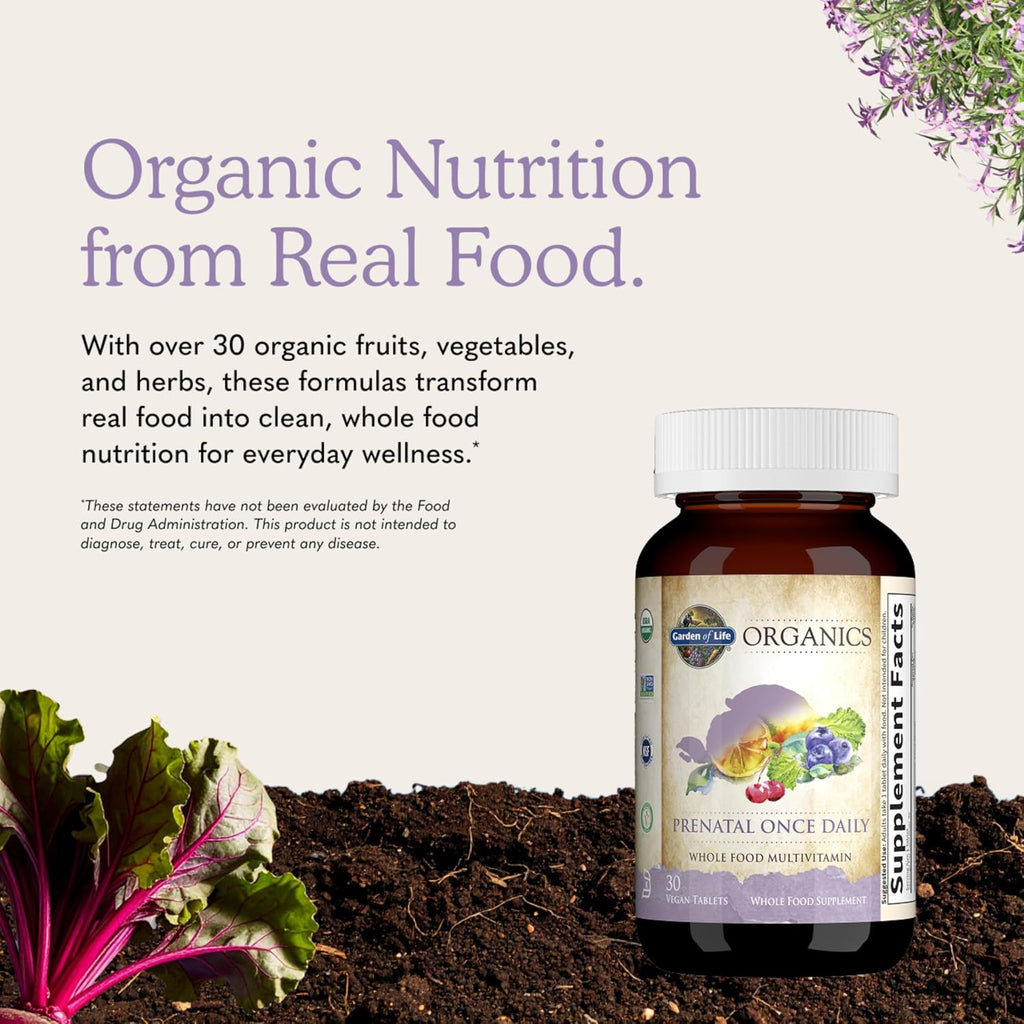 Garden of Life Organics Multivitamínico Prenatal con Folato, B6, B12, D3 y Hierro, 30 Comprimidos