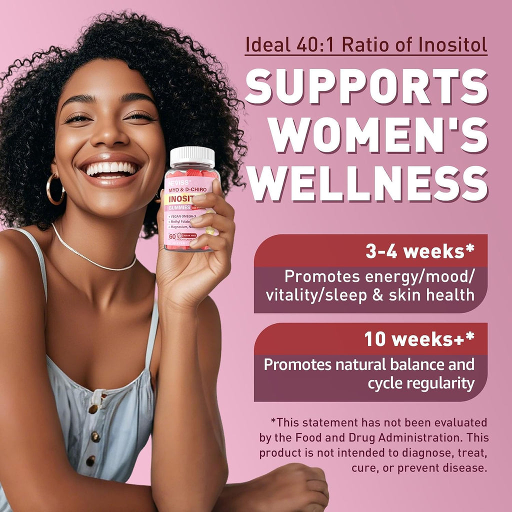 Myo-Inositol & D-Chiro Inositol Gummies 2000mg + 50mg, Ratio 40:1, con Omega-3 Vegano, D3, Magnesio Glicinato, Metilfolato + B12, Sin Azúcar, 120 uds