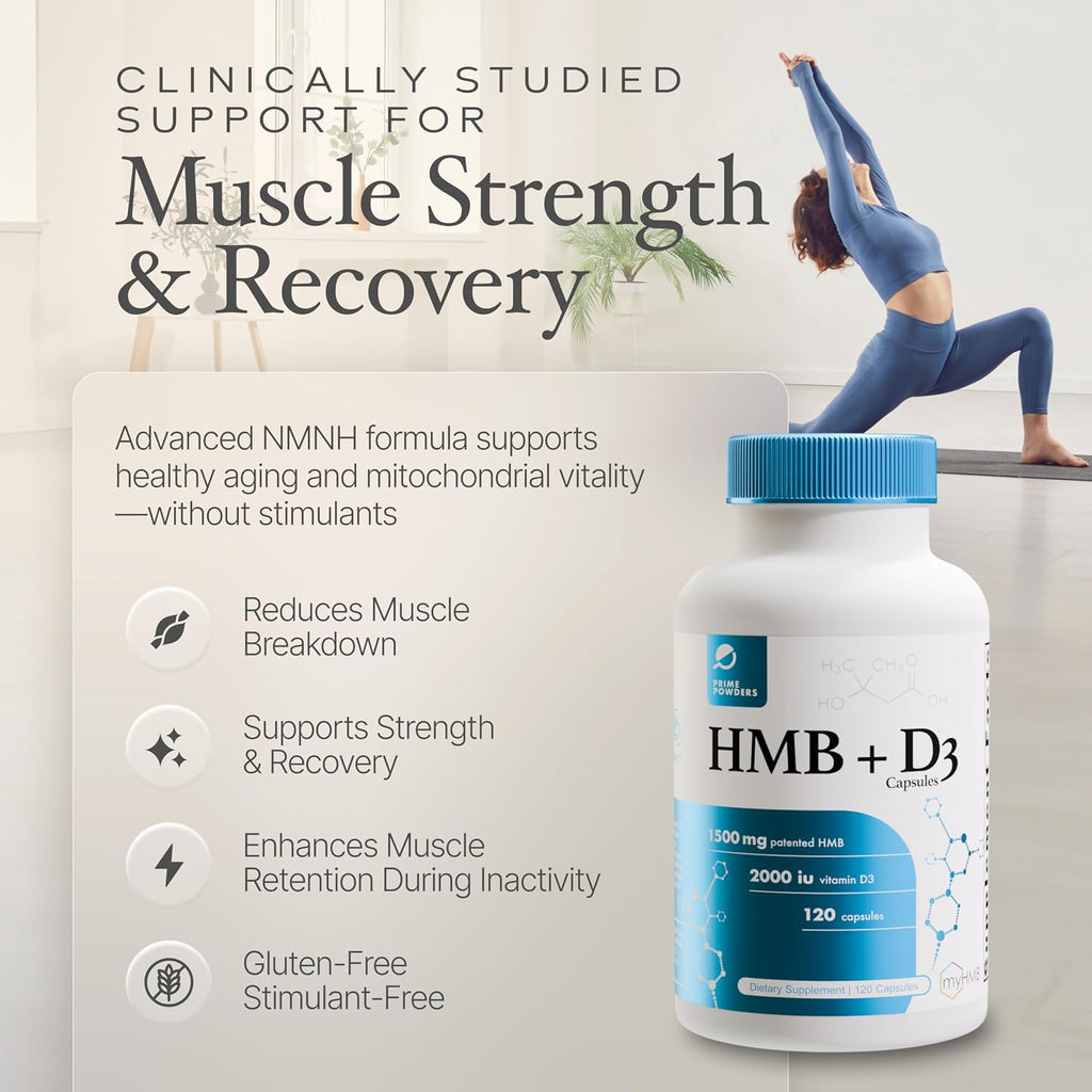 Prime Powders HMB + Vitamina D3, 1500mg HMB y 2000 UI D3 por dosis, 120 cápsulas