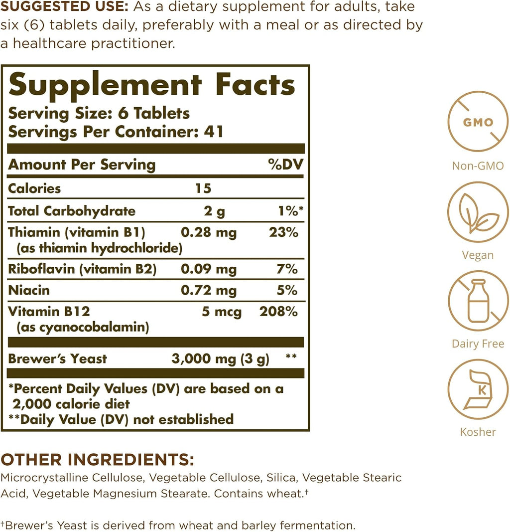 Solgar Levadura de Cerveza 7 ½ Granos con Vitamina B12 - 250 Comprimidos