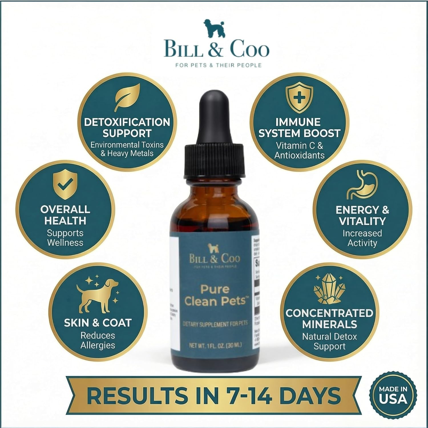 BILL & COO Probióticos Líquidos para Perros Pure Clean Pets – Desintoxicación y Metales Pesados con Vitamina C, 30 ml