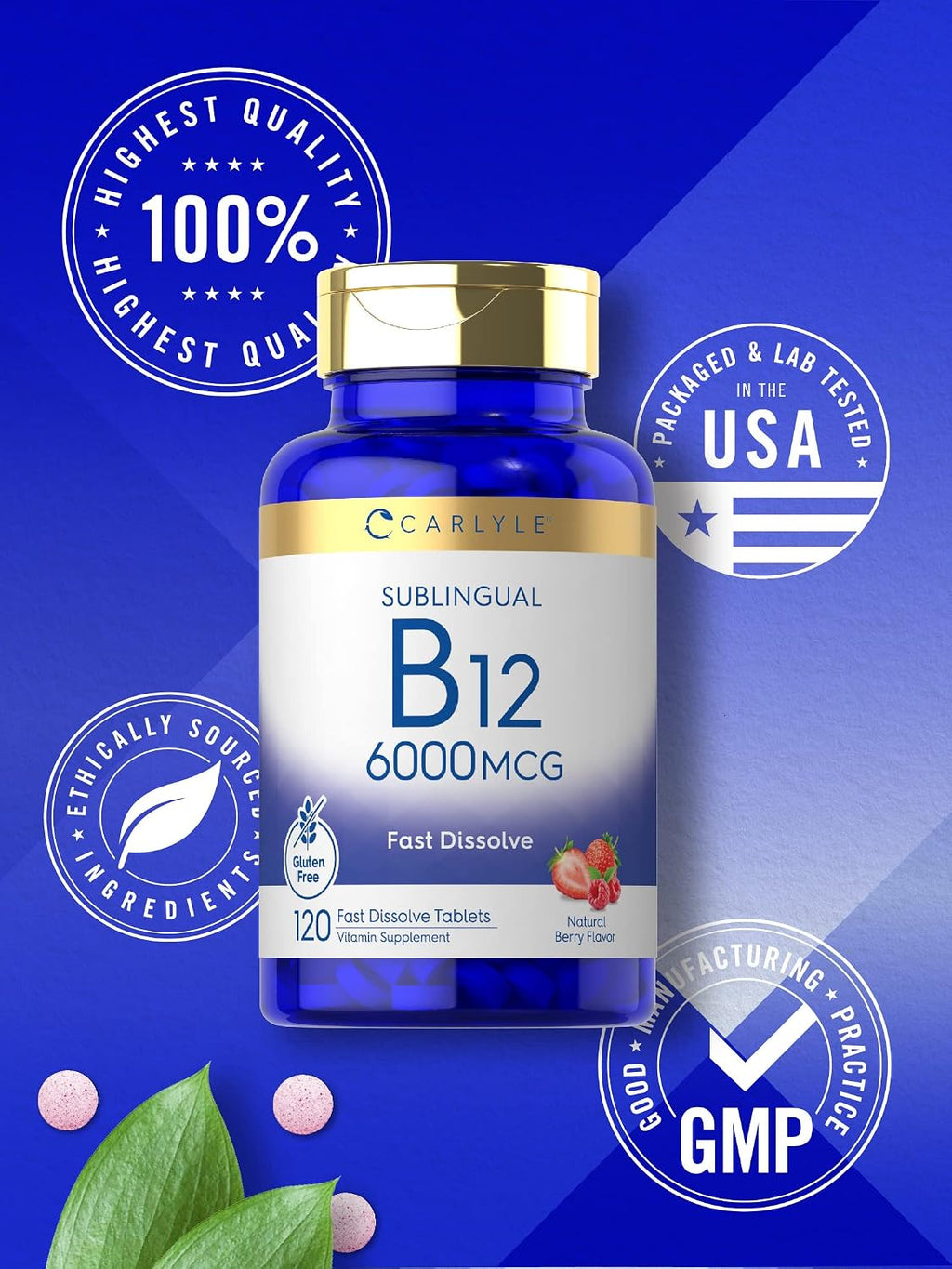 Carlyle Vitamina B-12 6000mcg | 120 Comprimidos de Disolución Rápida | Sabor Natural a Bayas | Cianocobalamina y Metilcobalamina | Vegetariano, No-GMO y Sin Gluten
