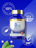 Carlyle Vitamina B-12 6000mcg | 120 Comprimidos de Disolución Rápida | Sabor Natural a Bayas | Cianocobalamina y Metilcobalamina | Vegetariano, No-GMO y Sin Gluten
