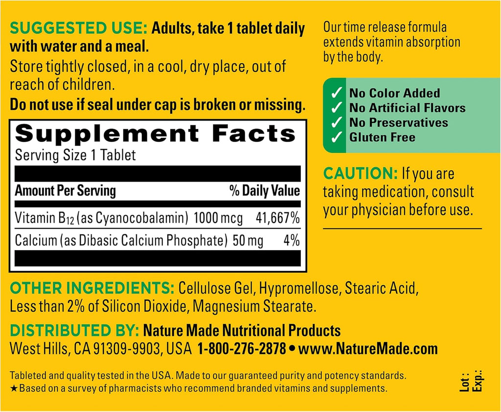 Nature Made Vitamina B12 1000 mcg, Comprimidos de Liberación Prolongada, 160 Comprimidos