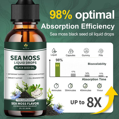 (2 Pack) Gotas Líquidas de Sea Moss con Aceite de Nigella, Soursop y Algas Irish Moss