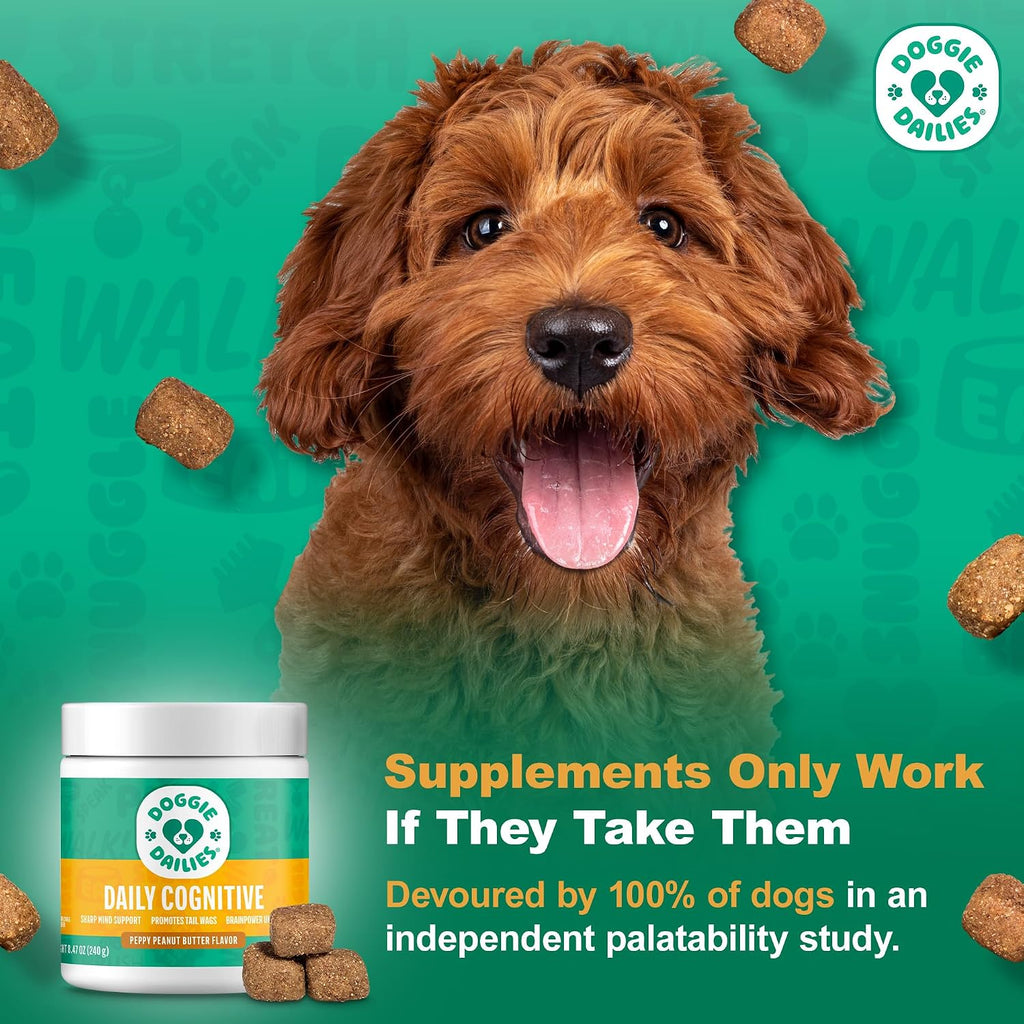 Doggie Dailies Masticables Cognitivos para Cachorros con DHA, Selenio, Ashwagandha Orgánica y Antioxidantes – 120 Masticables Blandos Sabor Mantequilla de Cacahuete