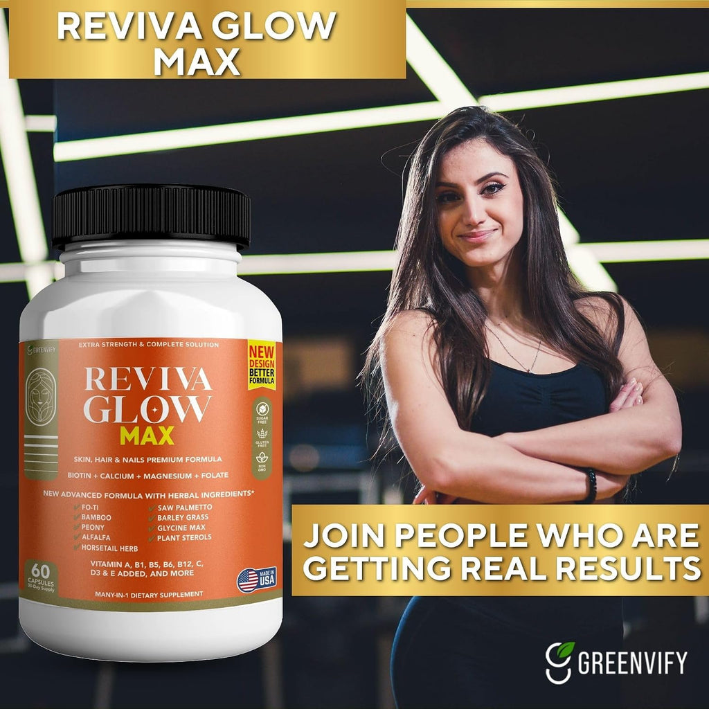 Reviva Glow Max - Apoyo para Cabello, Piel y Uñas | Biotina, Calcio, Magnesio, Folato y Mezcla de Hierbas | 120 Cápsulas, Vegano y Sin Gluten