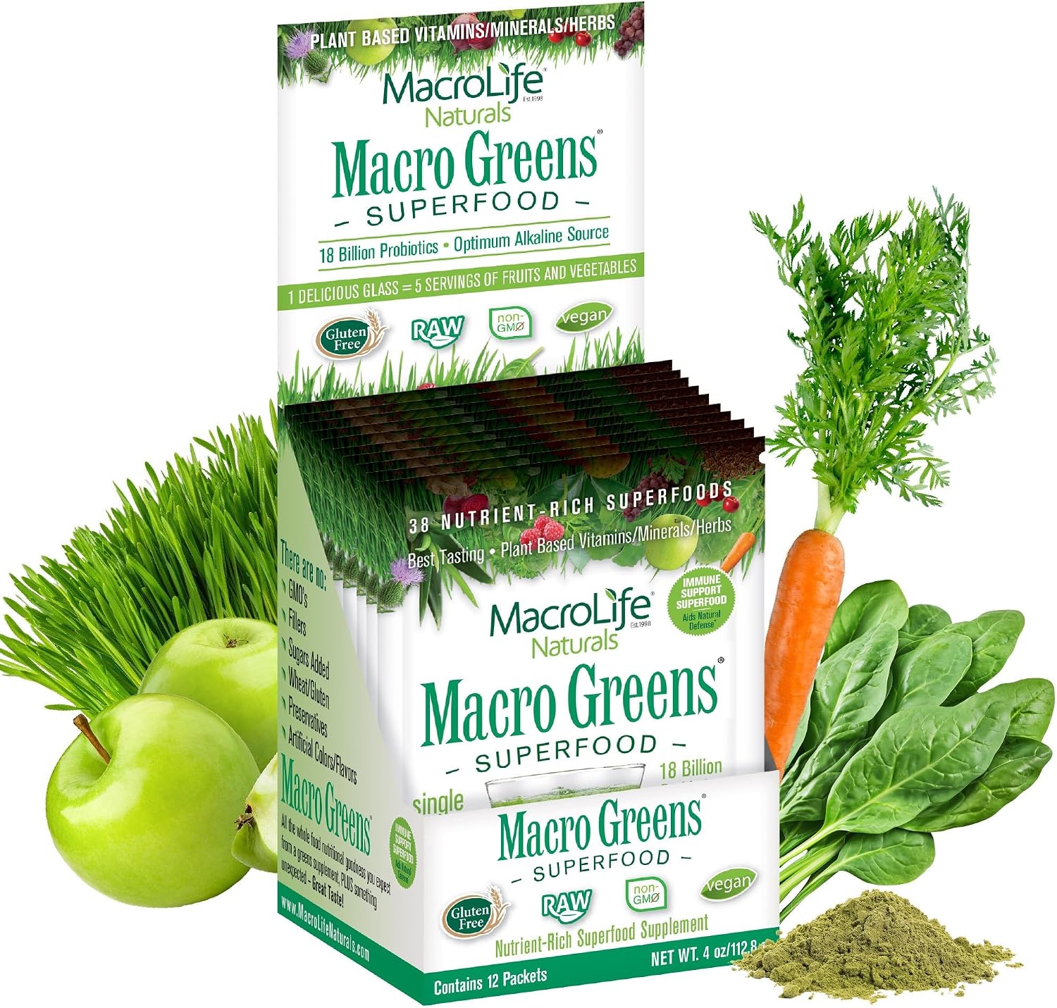 Macro Greens Superfood Powder – 38 Superalimentos con Probióticos, Enzimas y Adaptógenos | 18B UFC | 283 g (30 dosis)