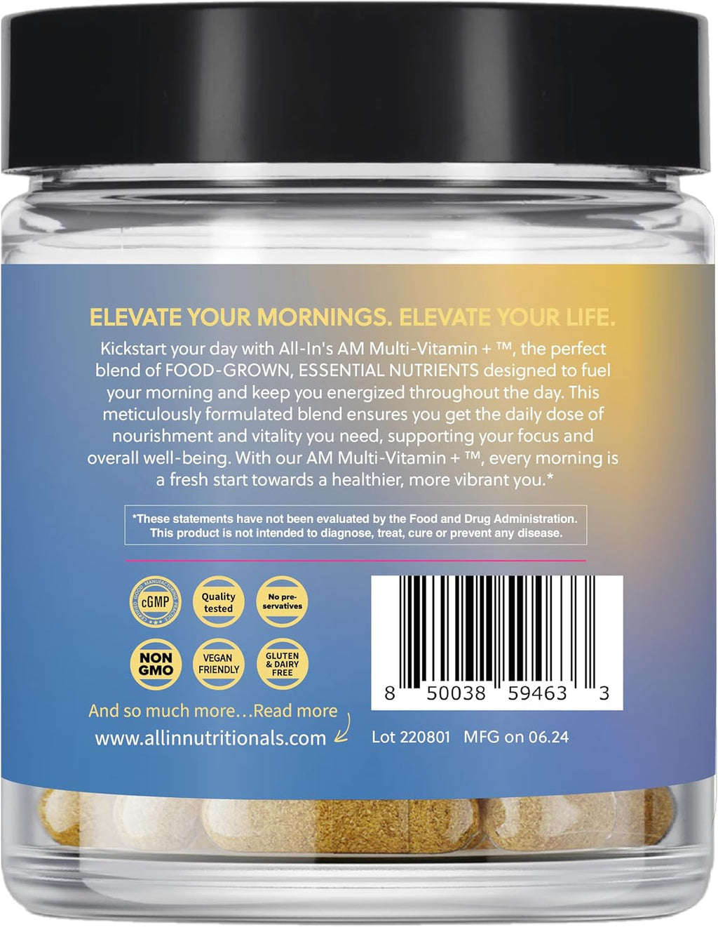 All In Nutritionals AM Multi-Vitamin +: Multivitamínico vegano a base de alimentos con vitamina D3, K2, B12, hierro y ácido fúlvico iónico