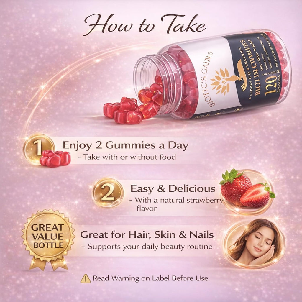 Biotic's Gain Biotin Gummies, 10000 mcg, Apoyo para Cabello, Piel y Uñas, con Vitaminas A C D E B6 B12 y Zinc, Vegano, Sin Azúcar, 120 Gominolas