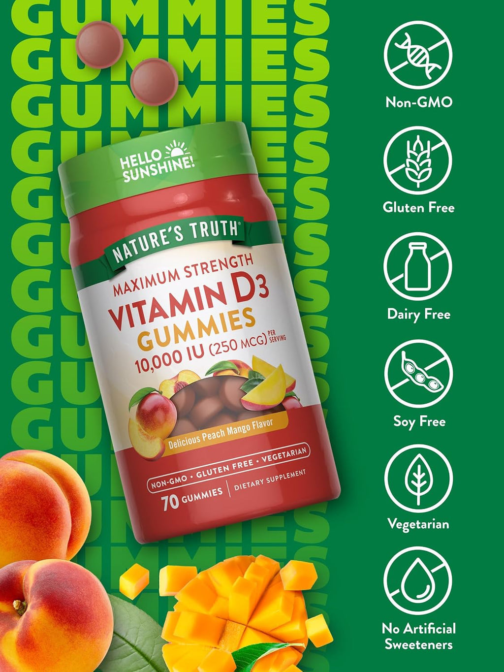 Nature's Truth Gomitas de Vitamina D3 | 10000 UI | 70 Unidades | Sabor Melocotón y Mango | Vegetariano, Sin OGM y Sin Gluten