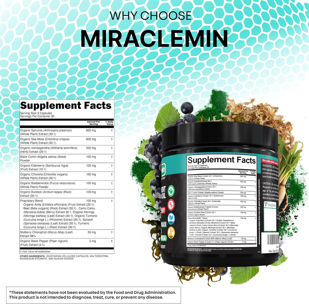 Clean Nutra Cápsulas Orgánicas de Musgo Marino con Ashwagandha, Aceite de Semilla Negra, Raíz de Bardana, Musgo de Vejiga, Moringa, Chlorella, Espirulina, Cúrcuma, Saúco, Amla – 90 Cápsulas Veganas – MiracleMin