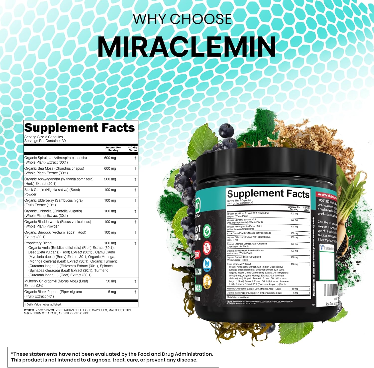 Clean Nutra Cápsulas Orgánicas de Musgo Marino con Ashwagandha, Aceite de Semilla Negra, Raíz de Bardana, Musgo de Vejiga, Moringa, Chlorella, Espirulina, Cúrcuma, Saúco, Amla – 90 Cápsulas Veganas – MiracleMin