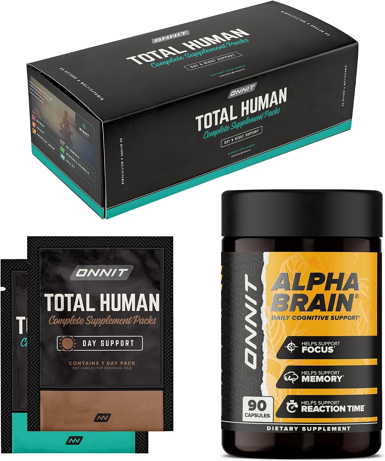 ONNIT Pack de Rendimiento Diario: Alpha Brain Nootrópico (90 cápsulas) + Total Human Day & Night (30 días)