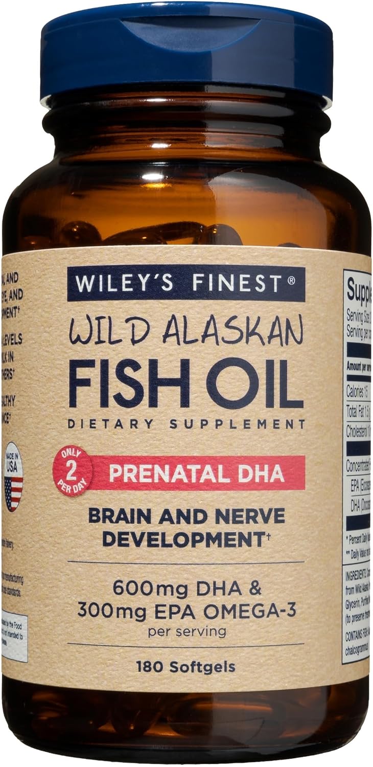 Wiley's Finest Aceite de Pescado Salvaje de Alaska Prenatal DHA - 900mg Omega-3 EPA y DHA - 120 Cápsulas Blandas