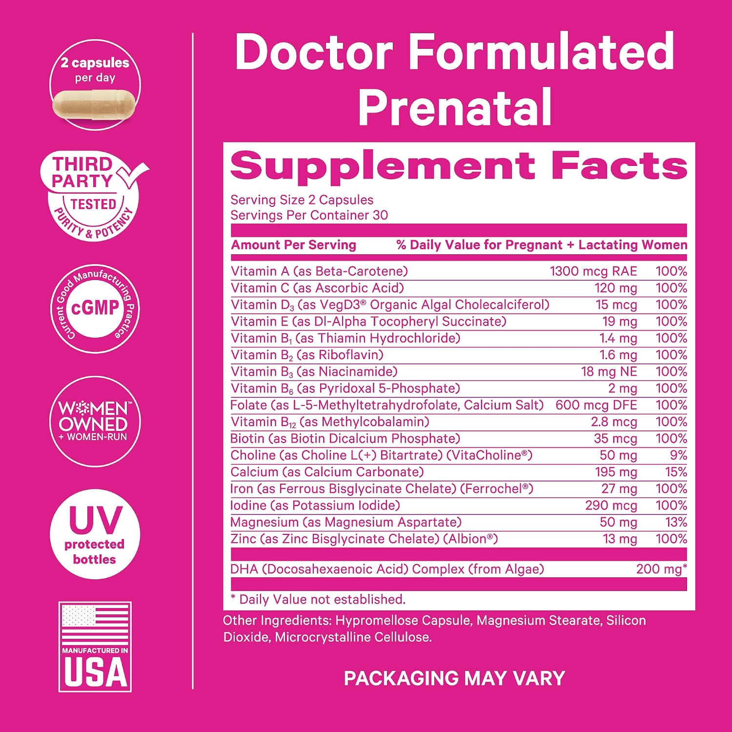 Pink Stork Total Prenatal Vitaminas con DHA - Menta (180 Cápsulas, 3 Meses)