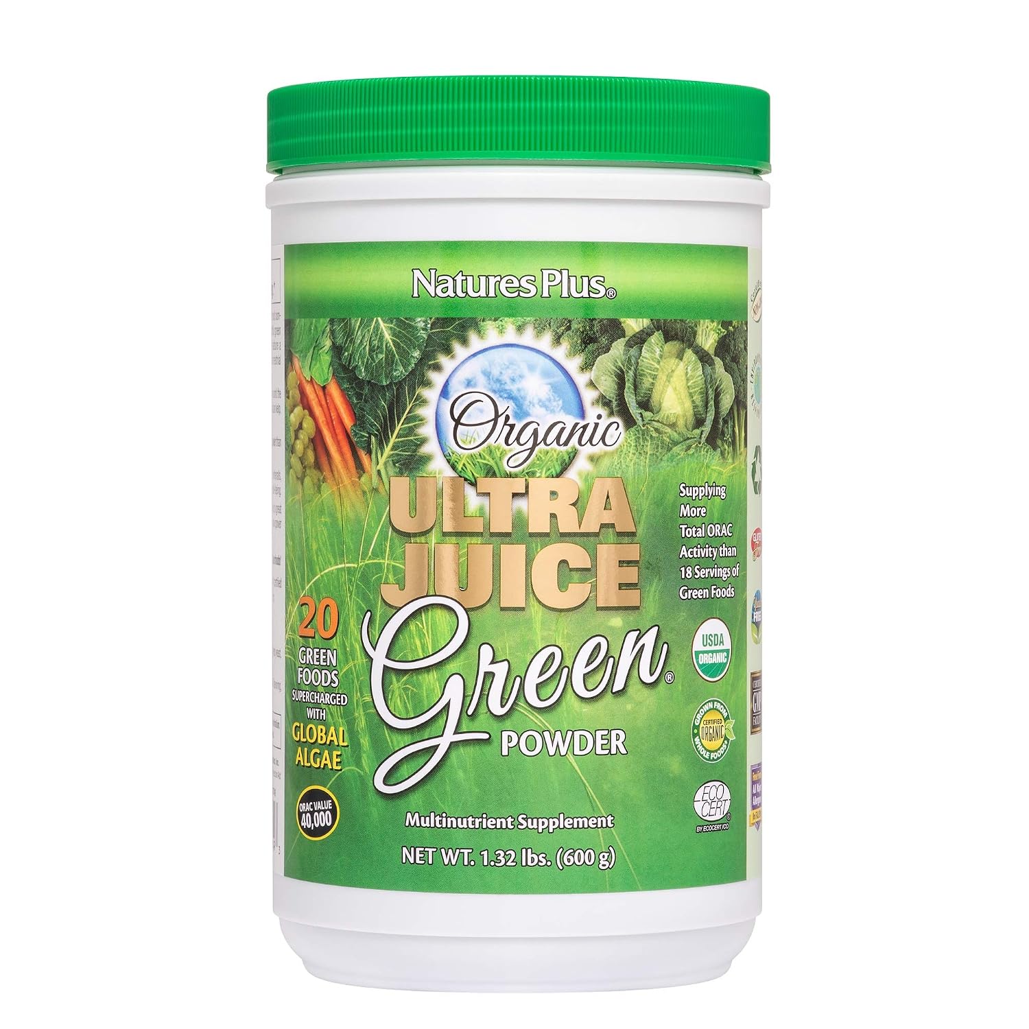 NaturesPlus Ultra Juice Green Drink - Organic Green Powder con Probiotics - 599g (60 Servings) - Organic, Vegan, Gluten Free