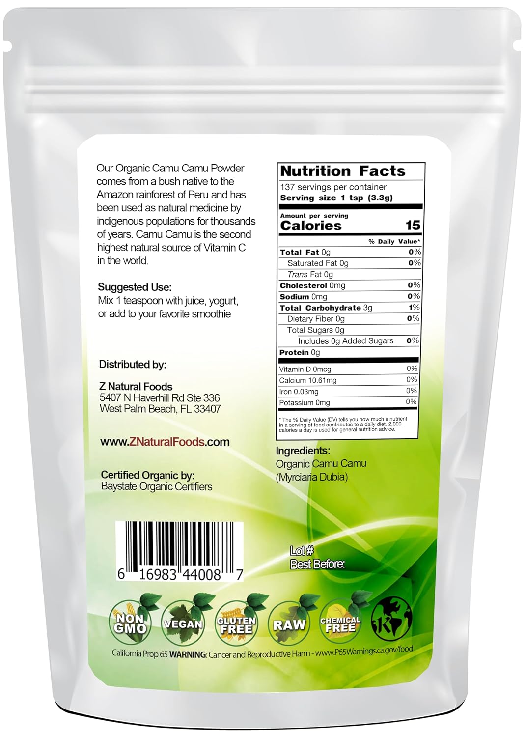 Z Natural Organic Camu Camu en Polvo - Complemento de Vitamina C Natural para Apoyo Inmunitario y Ánimo, Superalimento Vegano, Sin Gluten, 454 g