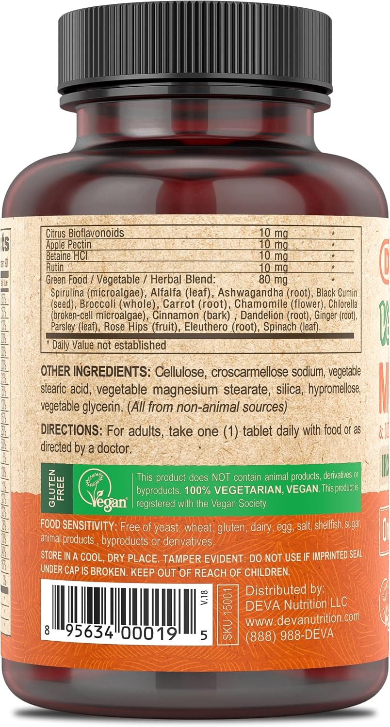 DEVA Multivitamínico Vegano Sin Hierro con Alimentos Verdes - 90 Comprimidos