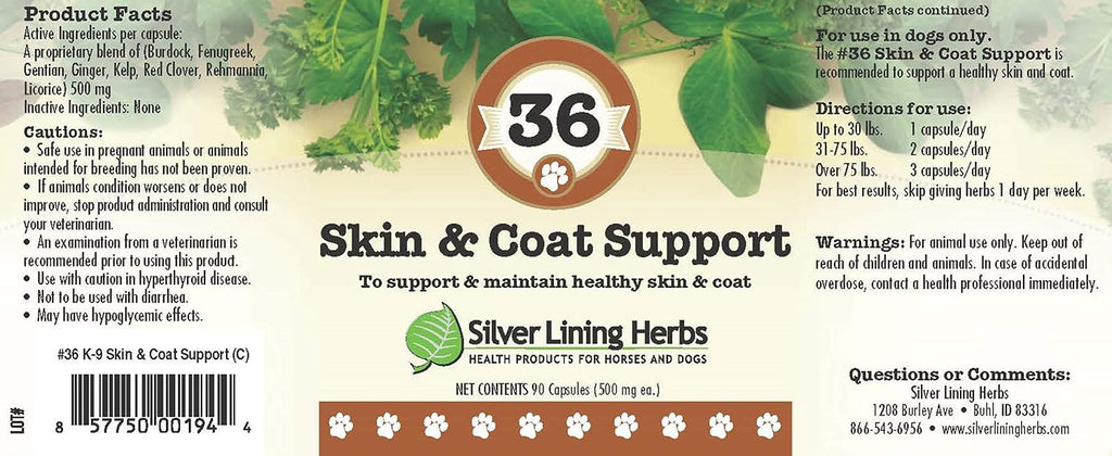 Silver Lining Herbs 36 Canine Skin & Coat Support - Suplemento herbal natural para perros - 90 cápsulas