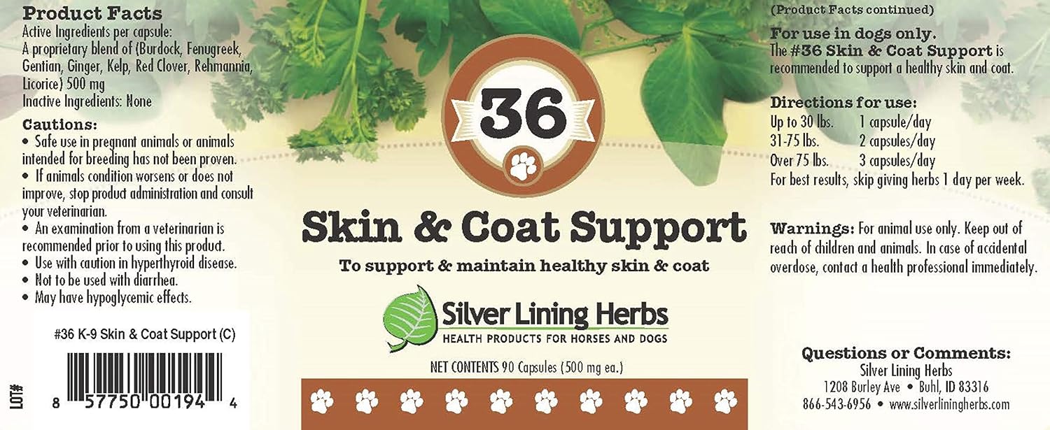 Silver Lining Herbs 36 Canine Skin & Coat Support - Suplemento herbal natural para perros - 90 cápsulas