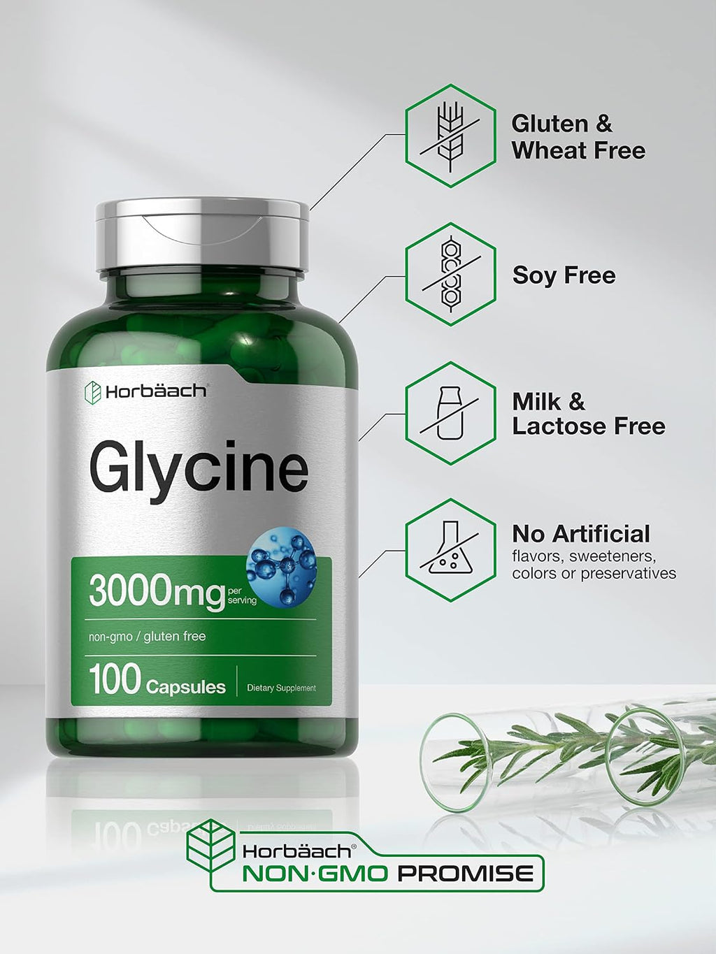 Horbäach Glicina 3000mg | 100 Cápsulas | No-GMO, Sin Gluten