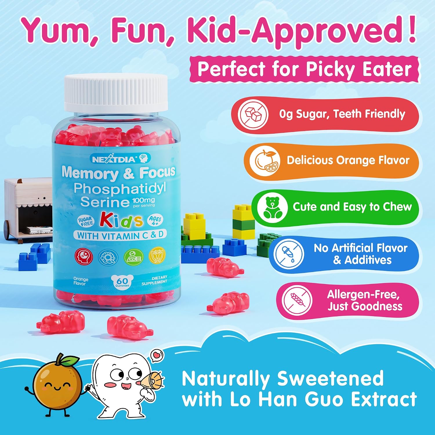 Nextdia Phosphatidylserina 100mg Gomitas para Niños y Adolescentes - Con Vitamina C y D3 - Sin Azúcar, Vegano, Sin Gluten - 2 Paquetes