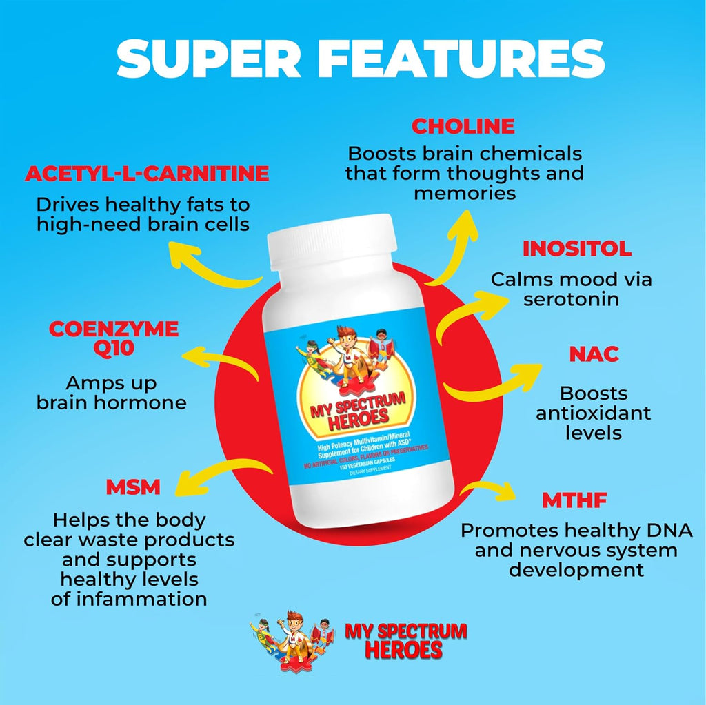 My Spectrum Heroes Multivitamínico Infantil - Acetil-L-carnitina, Colina, Coenzima Q10, Inositol, MSM, MTHF, NAC (150 Cápsulas)