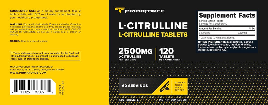 Primaforce L-Citrulline 2500mg por dosis, 60 dosis; 120 comprimidos