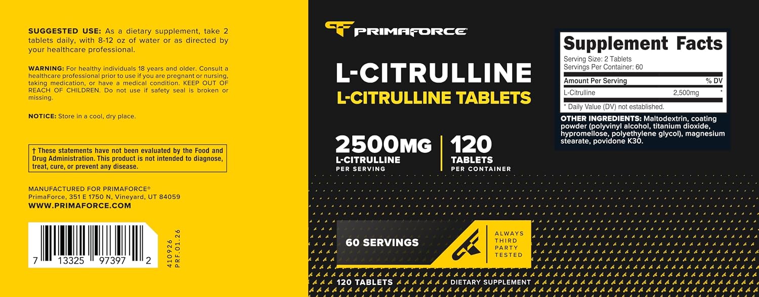 Primaforce L-Citrulline 2500mg por dosis, 60 dosis; 120 comprimidos