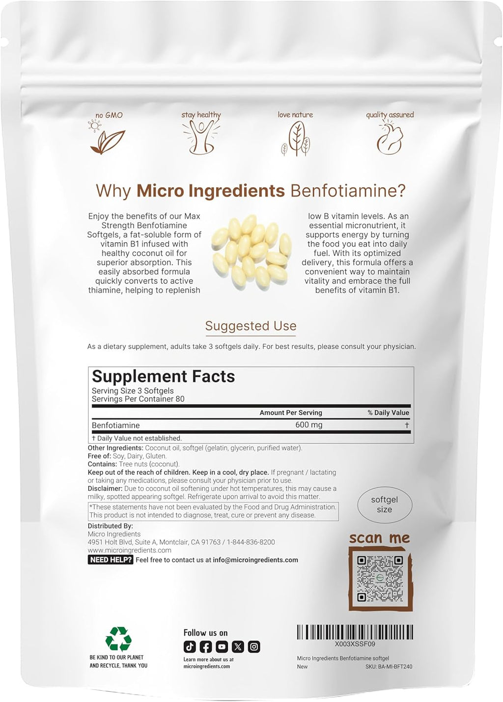 Vitamina B1 Benfotiamina 600mg por dosis, 240 Cápsulas Blandas con Aceite de Coco | Suplemento B1 Bioactivo | No OGM, Sin Soja