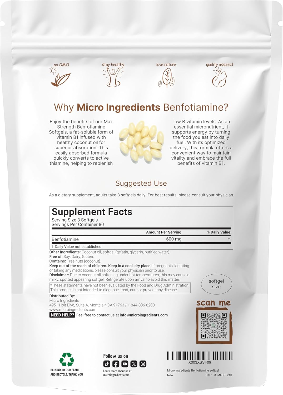 Vitamina B1 Benfotiamina 600mg por dosis, 240 Cápsulas Blandas con Aceite de Coco | Suplemento B1 Bioactivo | No OGM, Sin Soja