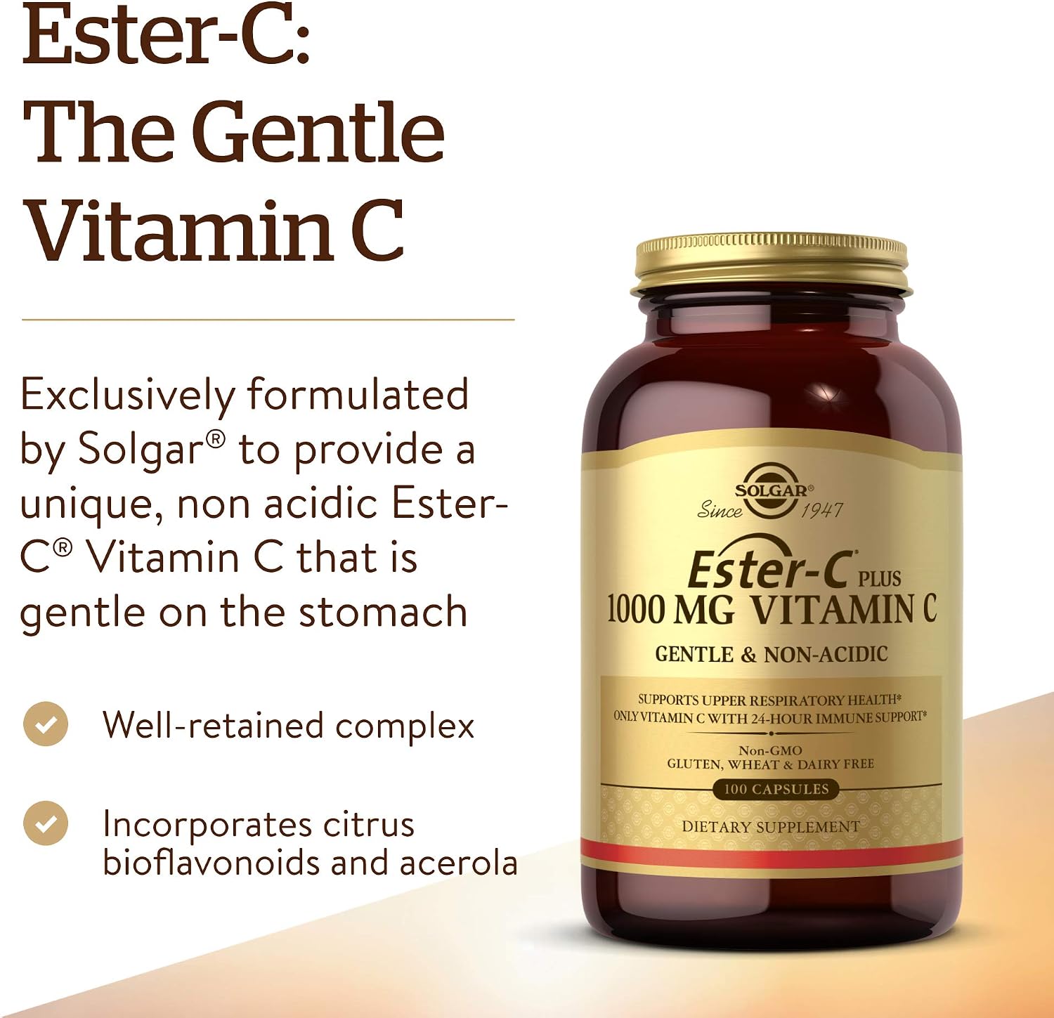 Solgar Ester-C Plus 1000 mg con Bioflavonoides de Cítricos - 100 Cápsulas - No Ácido, Fórmula Suave - Apoyo Inmunitario 24h - Sin Gluten, No GMO